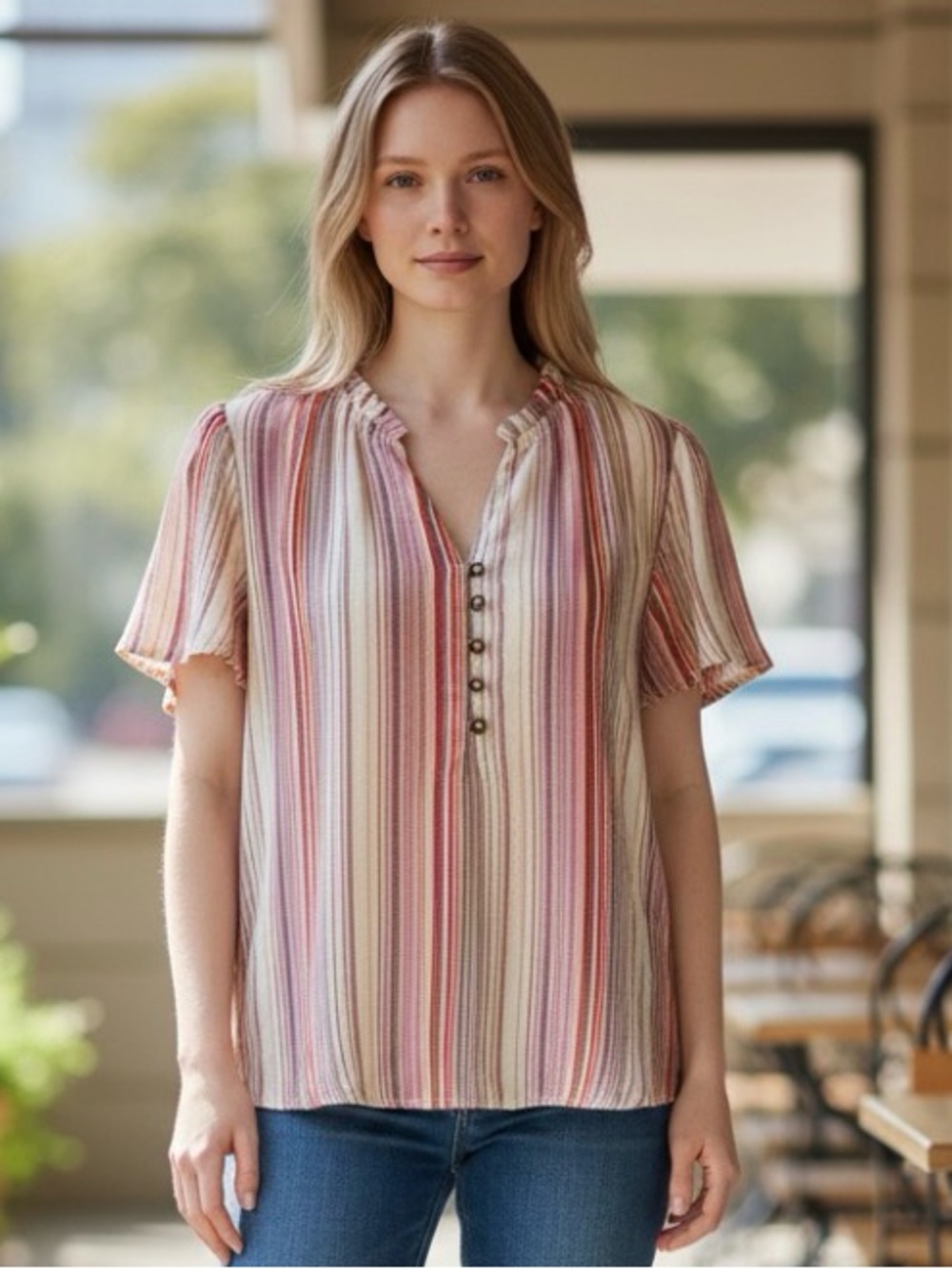Mason & Belle Women’s Landon Flutter Sleeve Striped Henley Blouse Size XS Lilac